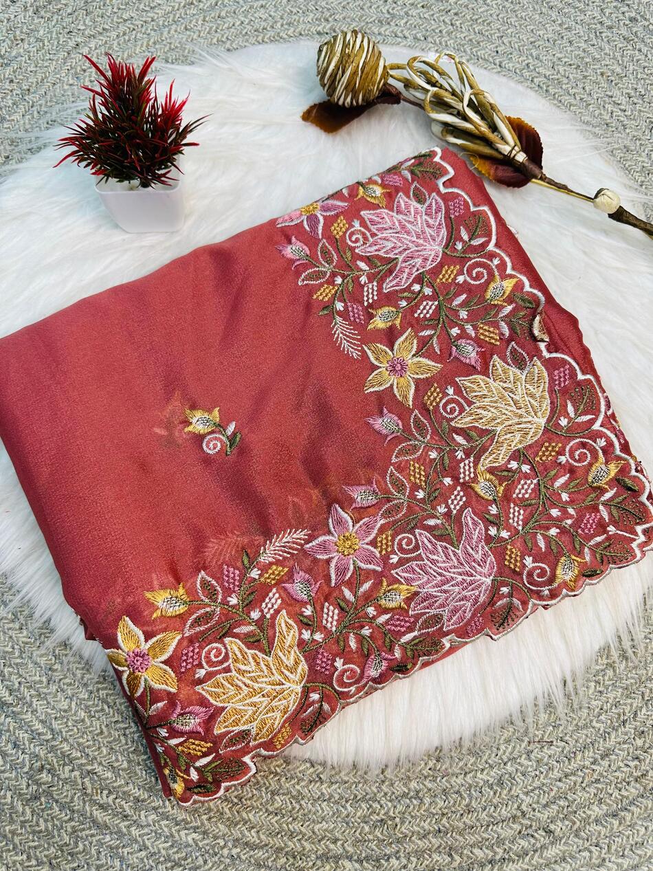 Extraordinary Pink Embroidery Work Georgette Saree With Angelic Blouse Piece - Image 2
