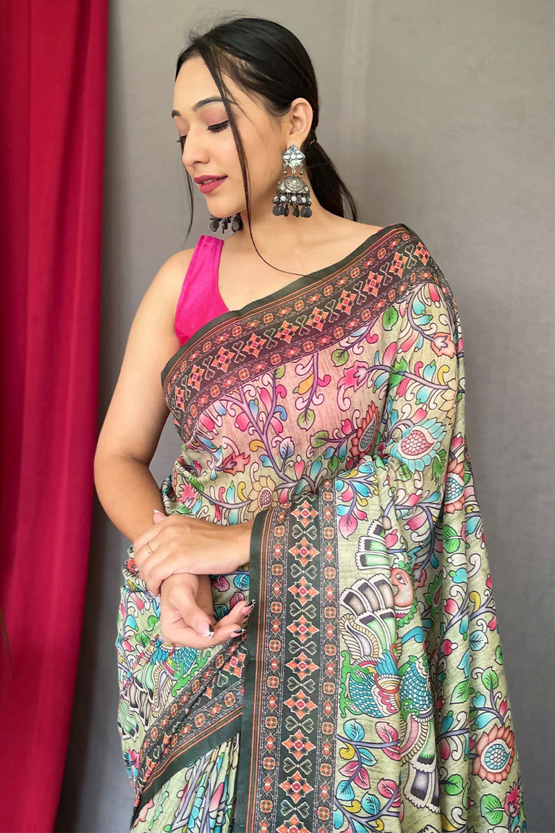 Extraordinary Pista Kalamkari Printed Saree With Flattering Blouse Piece - Image 2