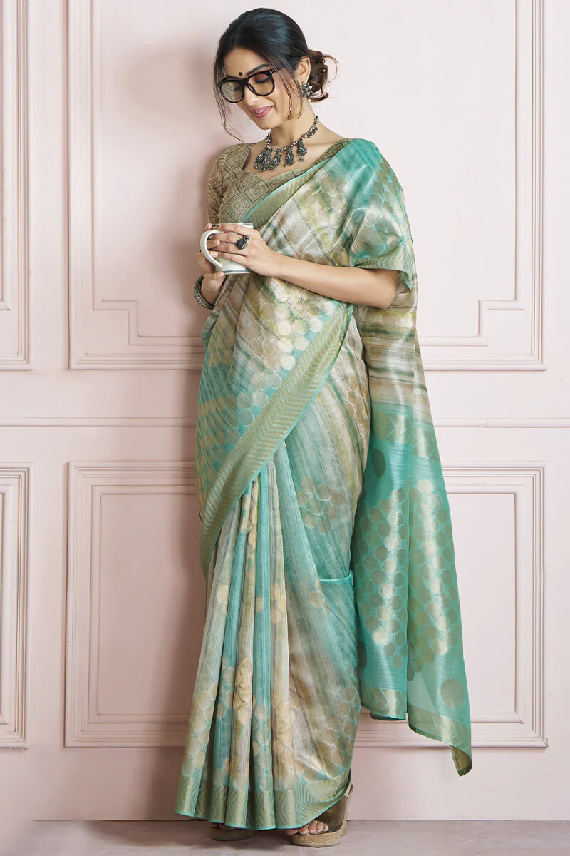Extraordinary Sea Green Digital Printed Khadi Silk Saree With Impressive Blouse Piece - Image 3