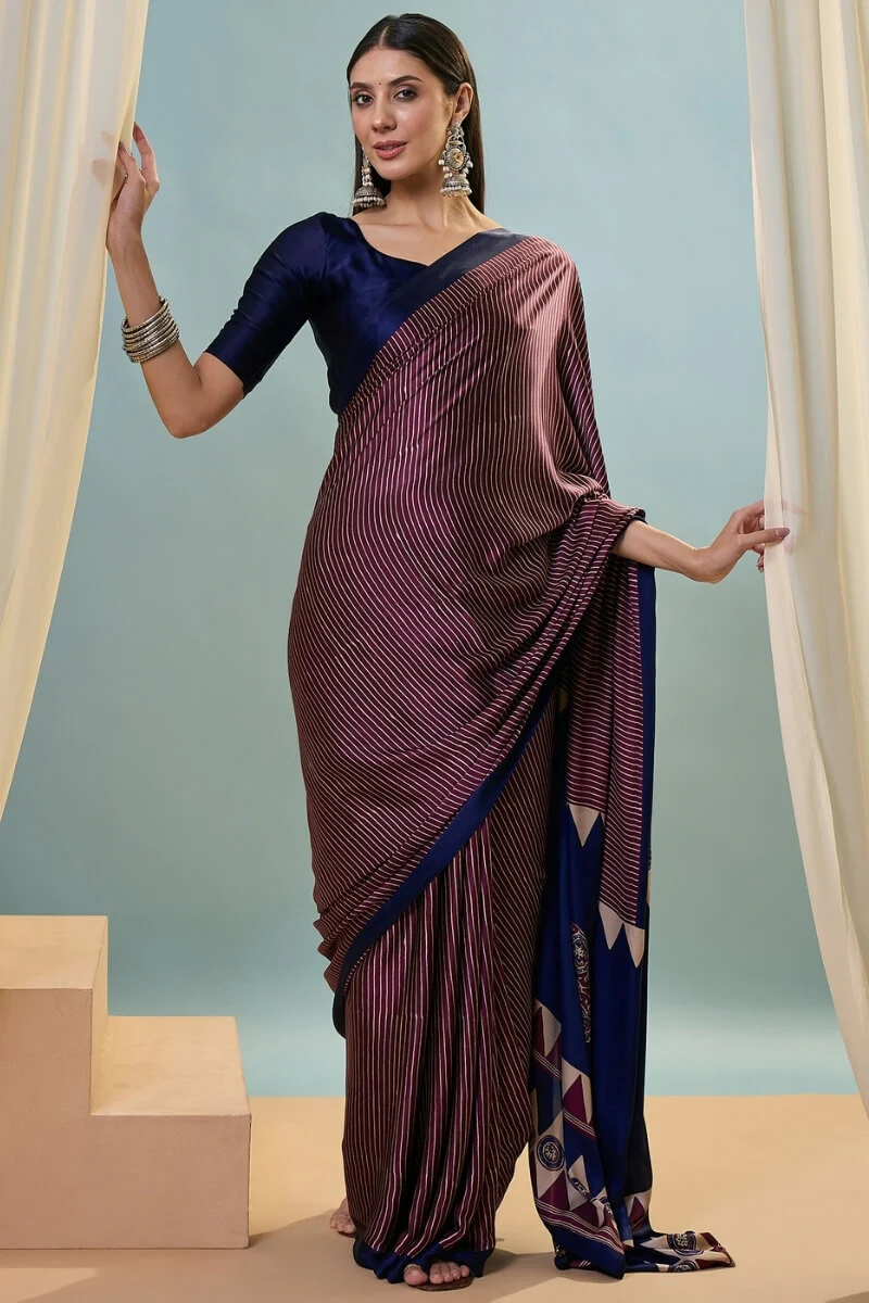 Extraordinary Wine Ajrakh Printed Semi Modal Silk Saree With Gorgeous Blouse Piece - Image 3
