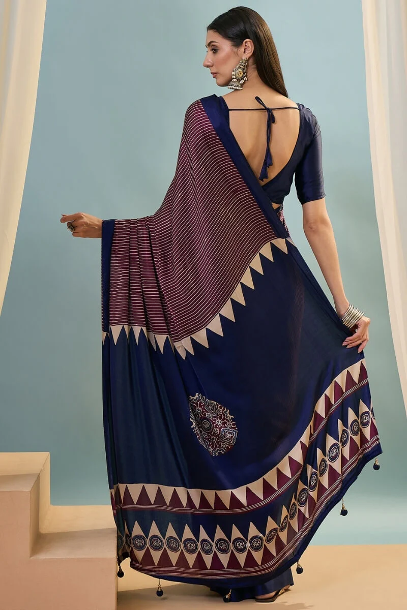 Extraordinary Wine Ajrakh Printed Semi Modal Silk Saree With Gorgeous Blouse Piece - Image 6
