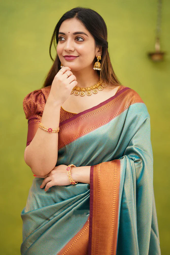Exuberant Firozi Soft Banarasi Silk Saree With Supernal Blouse Piece - Image 2