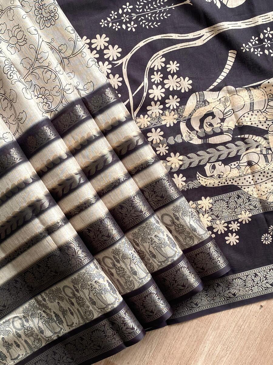 Exuberant Black and White Digital Printed Dola Silk Saree With Surpassing Blouse Piece - Image 3