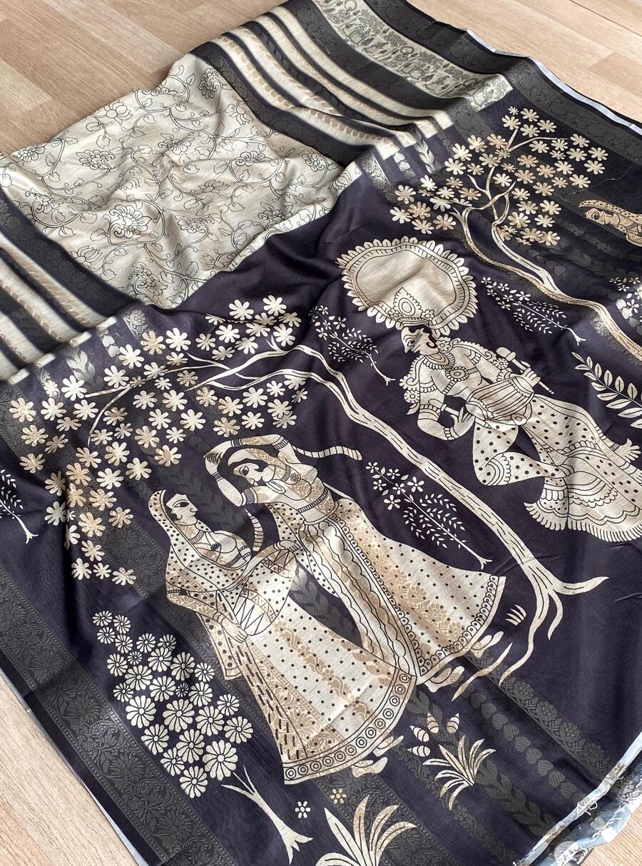 Exuberant Black and White Digital Printed Dola Silk Saree With Surpassing Blouse Piece - Image 4