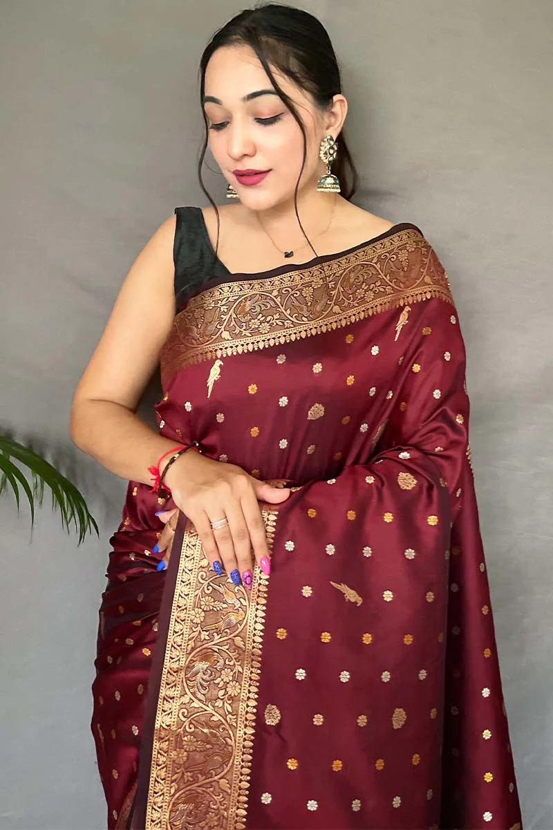 Exuberant Maroon Soft Banarasi Silk Saree With Whimsical Blouse Piece - Image 2
