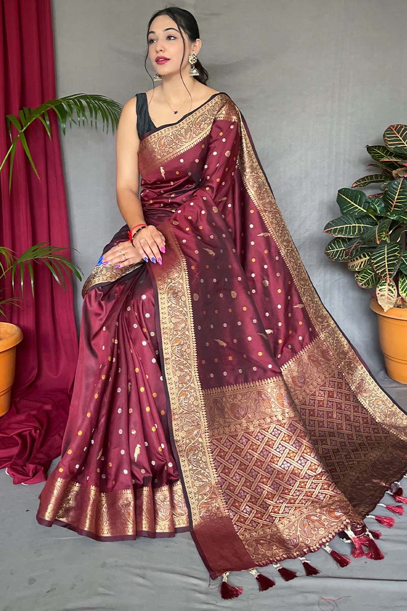 Exuberant Maroon Soft Banarasi Silk Saree With Whimsical Blouse Piece - Image 3