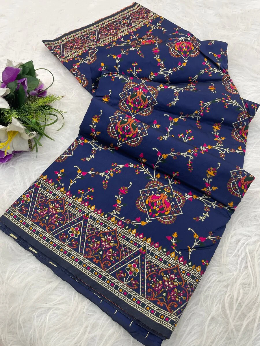 Exuberant Navy Blue Pashmina Saree With Elision Blouse Piece - Image 2
