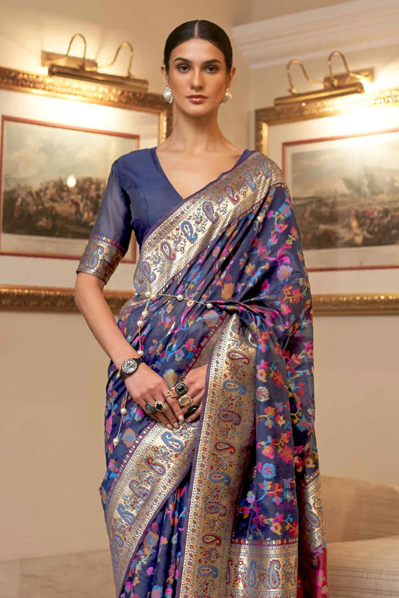 Exuberant Navy Blue Pashmina saree With Ratatouille Blouse Piece - Image 2