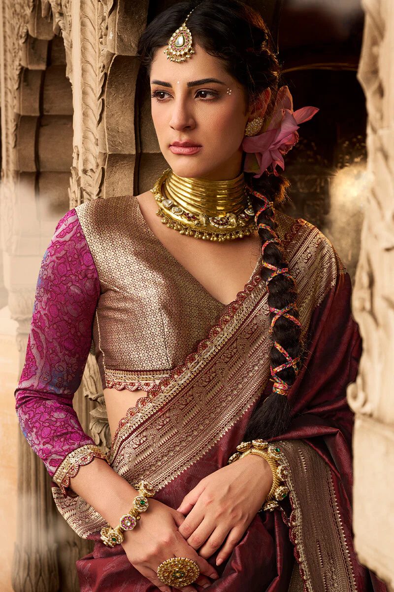 Exuberant Wine Soft Banarasi Silk Saree With Bewitching Blouse Piece - Image 2
