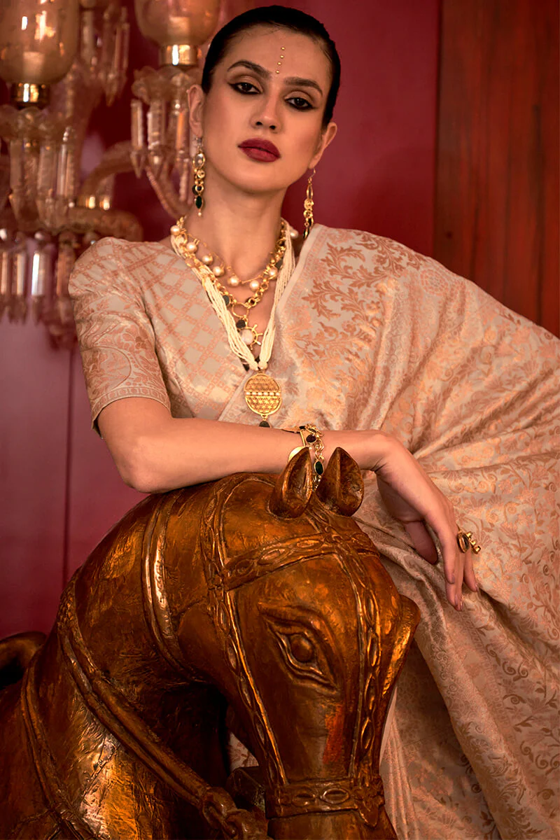 Eye-catching Beige Soft Banarasi Silk Saree With Stylish Blouse Piece - Image 2