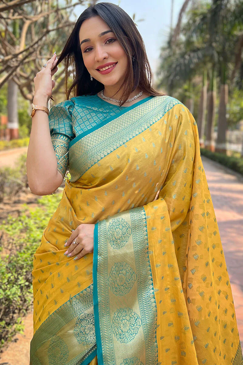 Eye-catching Yellow Soft Banarasi Tissue Silk Saree With Cynosure Blouse Piece - Image 2