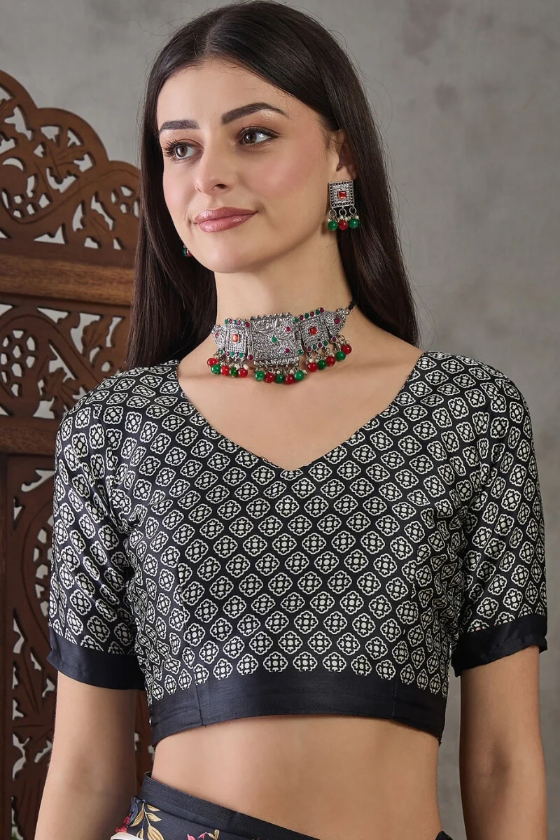 Fairytale Black Ajrakh Printed Semi Modal Silk Saree With Embrocation Blouse Piece - Image 4