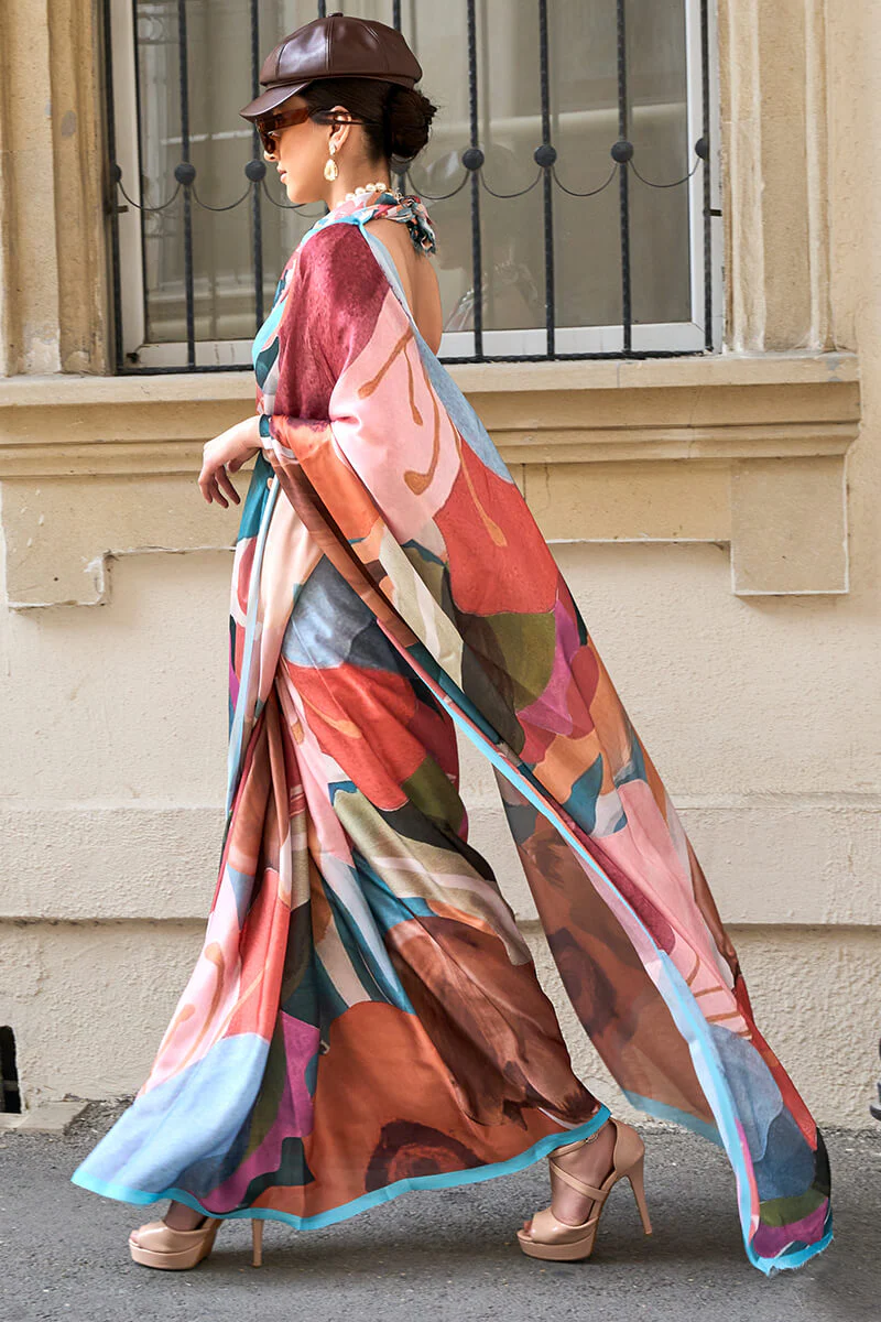 Fairytale Multicolor Digital Printed Satin Silk Saree With Stunner Blouse Piece - Image 3
