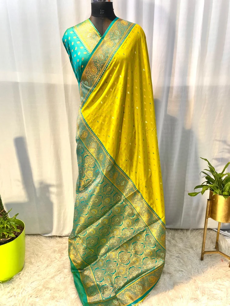 Fairytale Mustard Soft Banarasi Silk Saree With Enticing Blouse Piece - Image 3