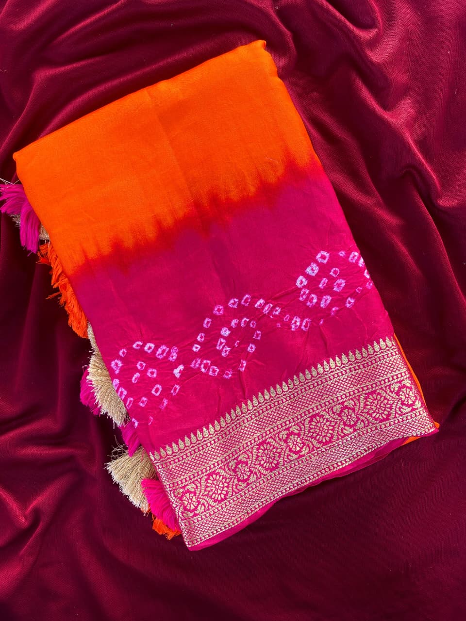Fairytale Orange Pure Viscose Dola Silk Printed Bandhani Saree With Enigmatic Blouse Piece - Image 2