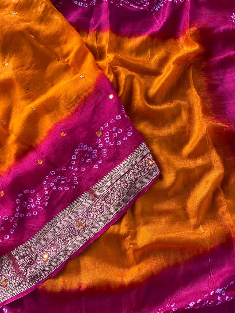 Fairytale Orange Pure Viscose Dola Silk Printed Bandhani Saree With Enigmatic Blouse Piece - Image 3