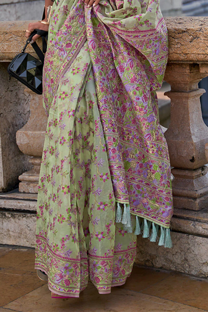 Fairytale Pista Pashmina saree With Bewitching Blouse Piece - Image 3