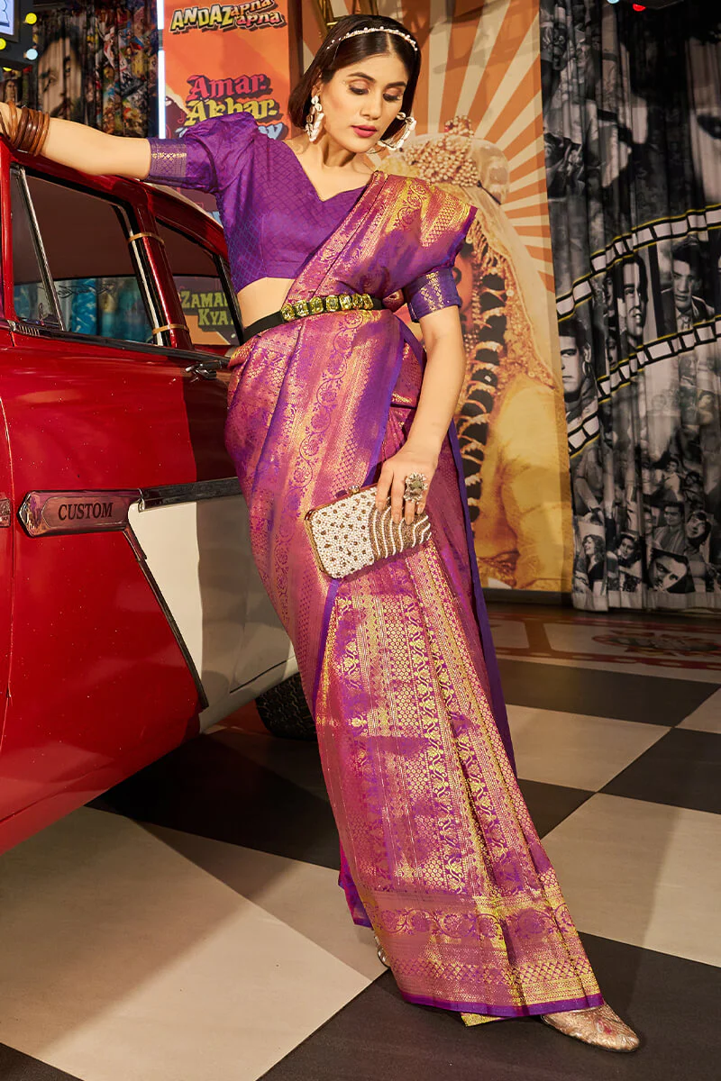 Fairytale Purple Kanjivaram Silk Saree With Assemblage Blouse Piece - Image 5