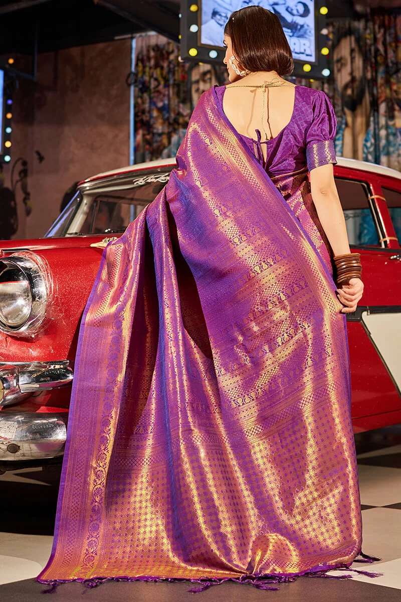Fairytale Purple Kanjivaram Silk Saree With Assemblage Blouse Piece - Image 6