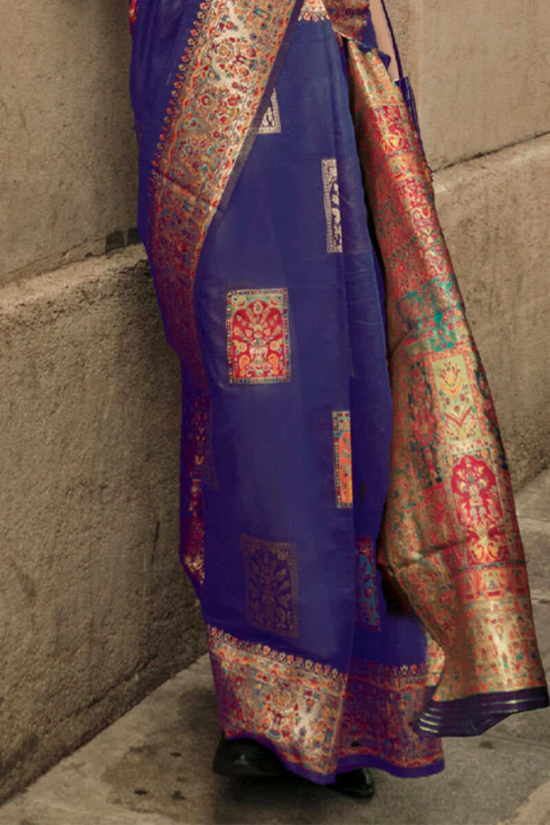 Fairytale Royal Blue Pashmina saree With Charismatic Blouse Piece - Image 3