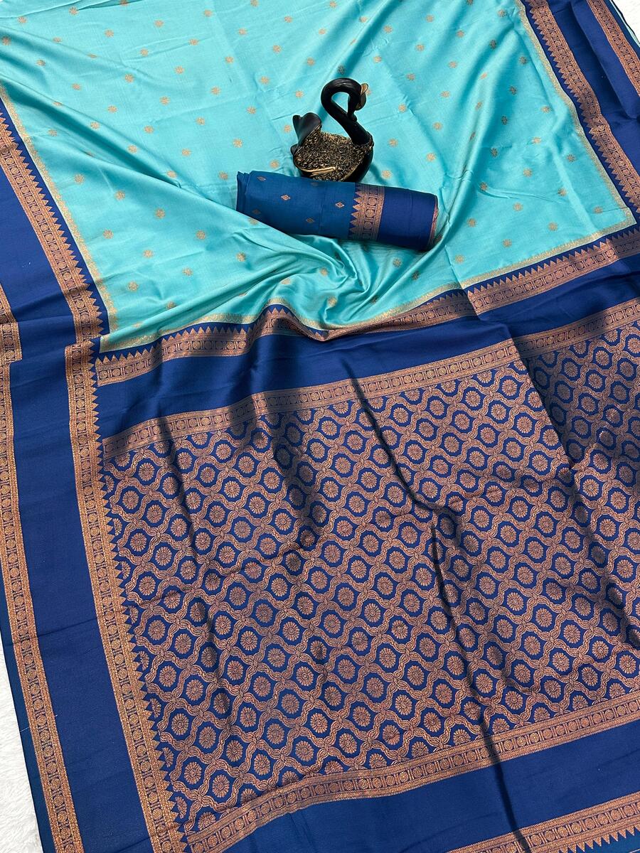 Fancifull Firozi Soft Banarasi Silk Saree With Sonorous Blouse Piece - Image 3