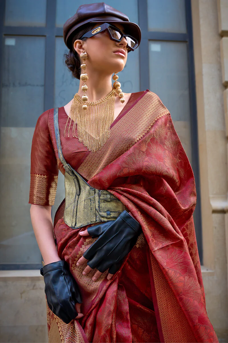 Fancifull Maroon Organza Silk Saree With Engrossing Blouse Piece - Image 2