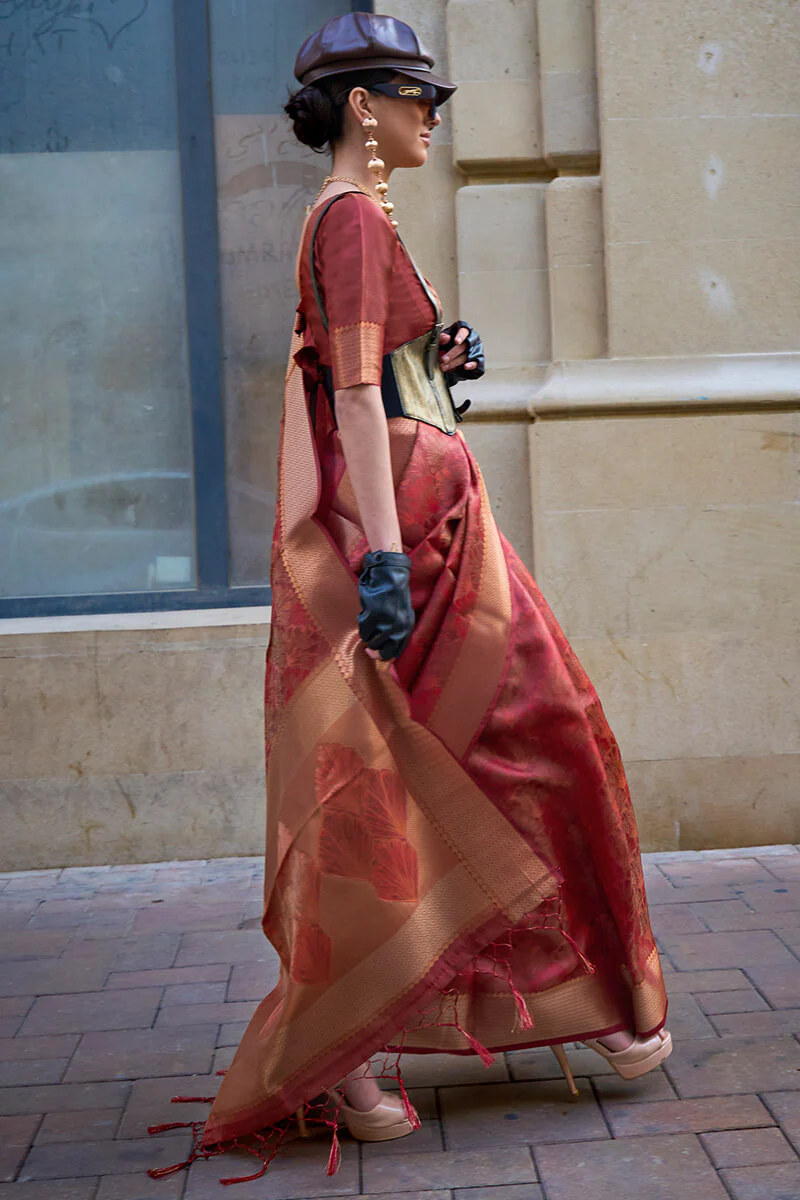 Fancifull Maroon Organza Silk Saree With Engrossing Blouse Piece - Image 3
