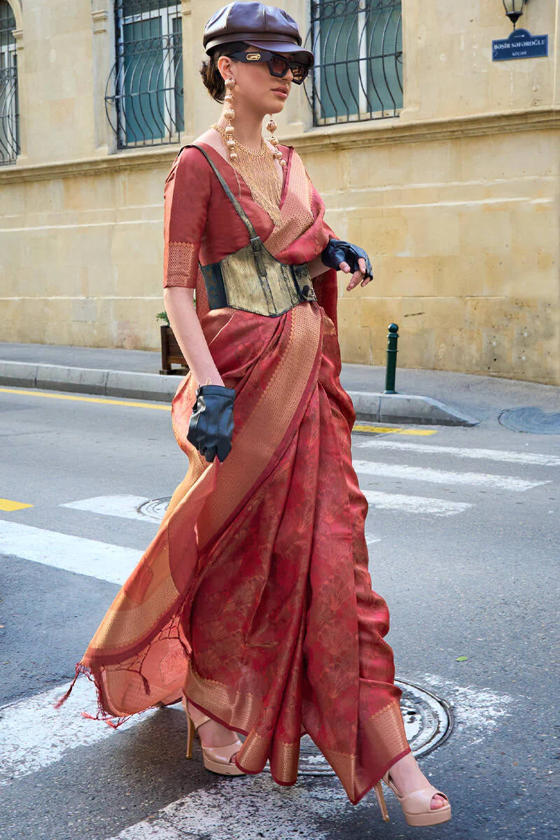 Fancifull Maroon Organza Silk Saree With Engrossing Blouse Piece - Image 5