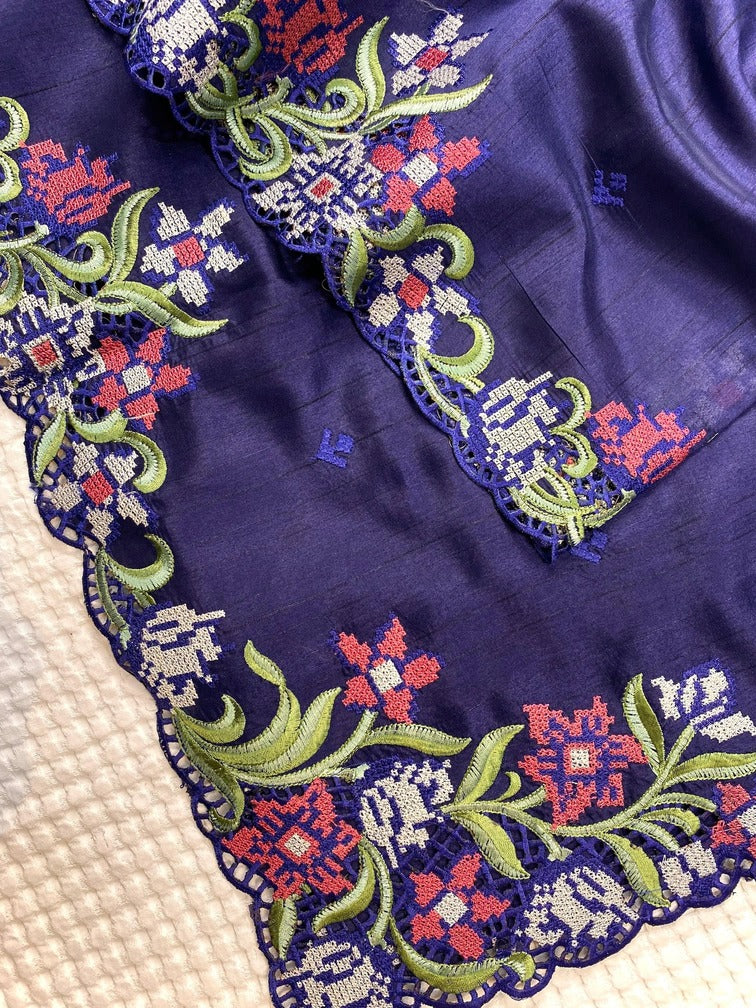 Fancifull Navy Blue Embroidery Work Tussar Silk Saree With Stunner Blouse Piece - Image 3