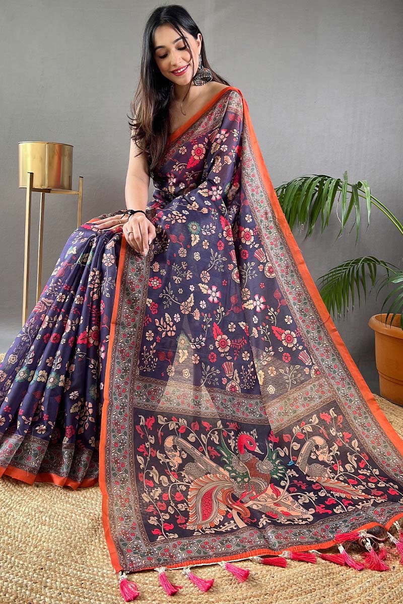 Fancifull Navy Blue Kalamkari Printed Saree With Twirling Blouse Piece - Image 3