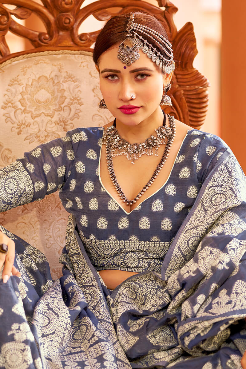 Fancifull Navy Blue Lucknowi work Silk Saree With Demanding Blouse Piece - Image 2