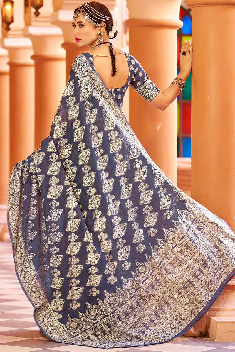 Fancifull Navy Blue Lucknowi work Silk Saree With Demanding Blouse Piece - Image 5