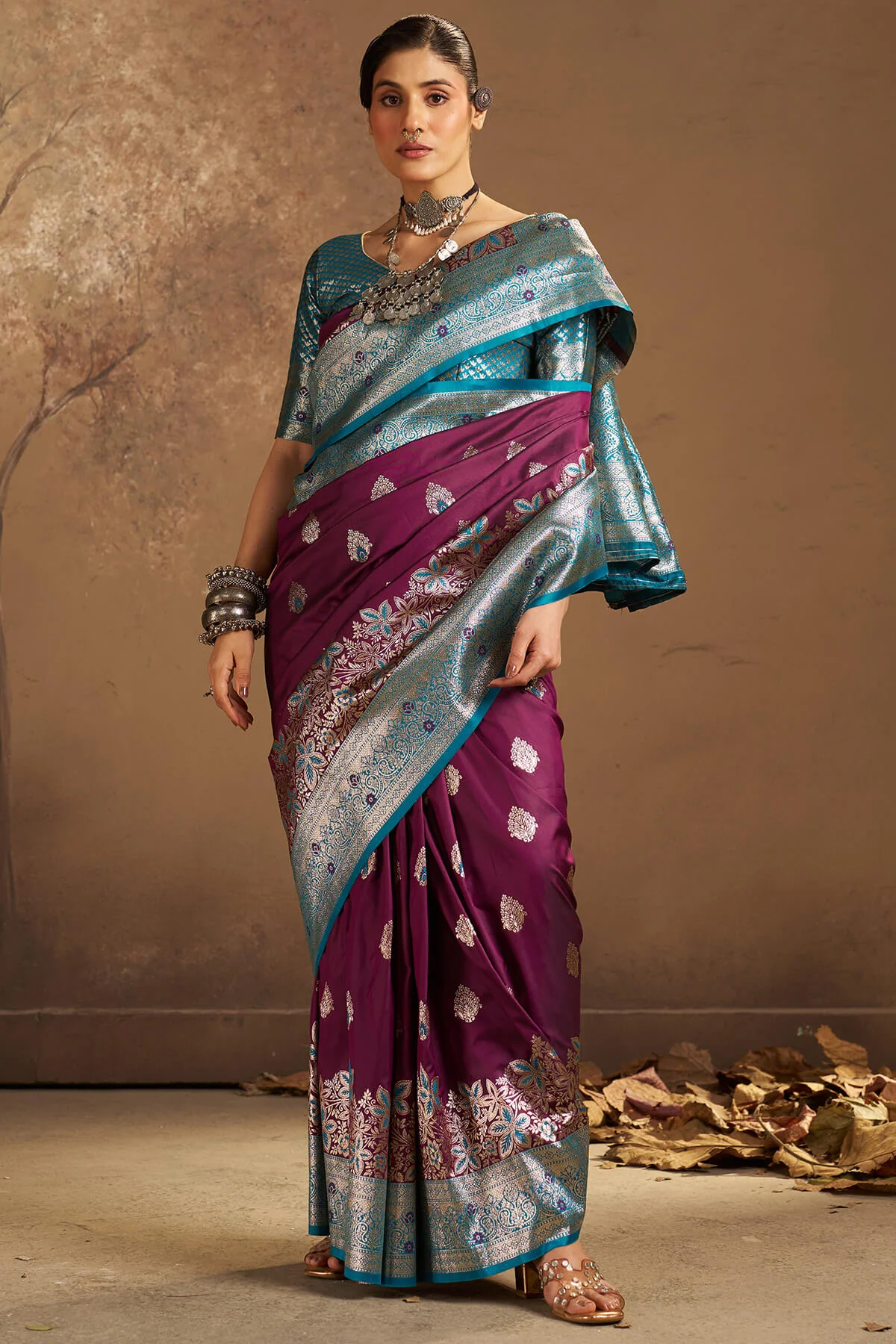 Fancifull Purple Pure Zari Weaving Banarasi Silk Saree With Efflorescence Blouse Piece - Image 3