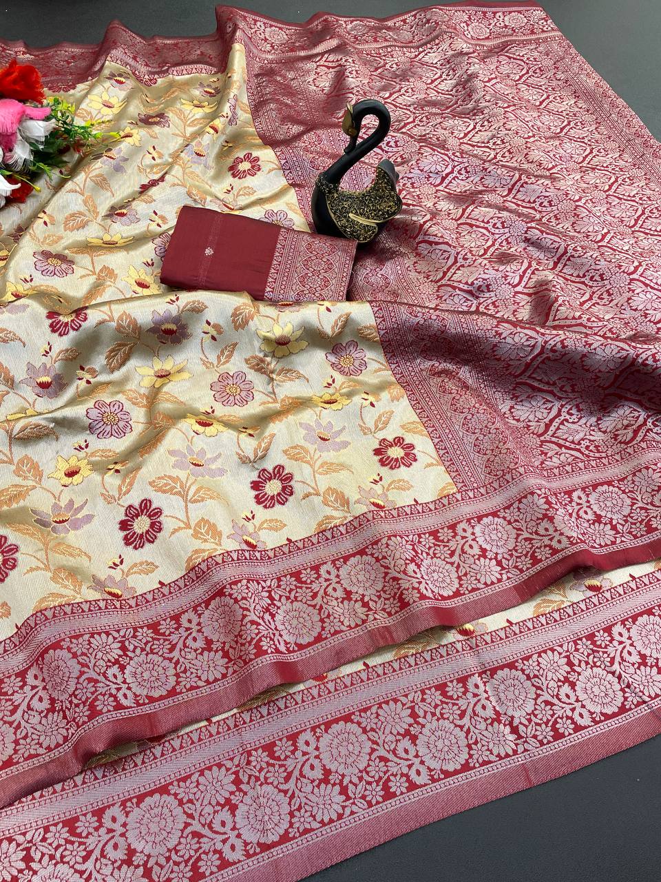 Fantabulous Beige Soft Banarasi Tissue Silk Saree With Scrumptious Blouse Piece - Image 2