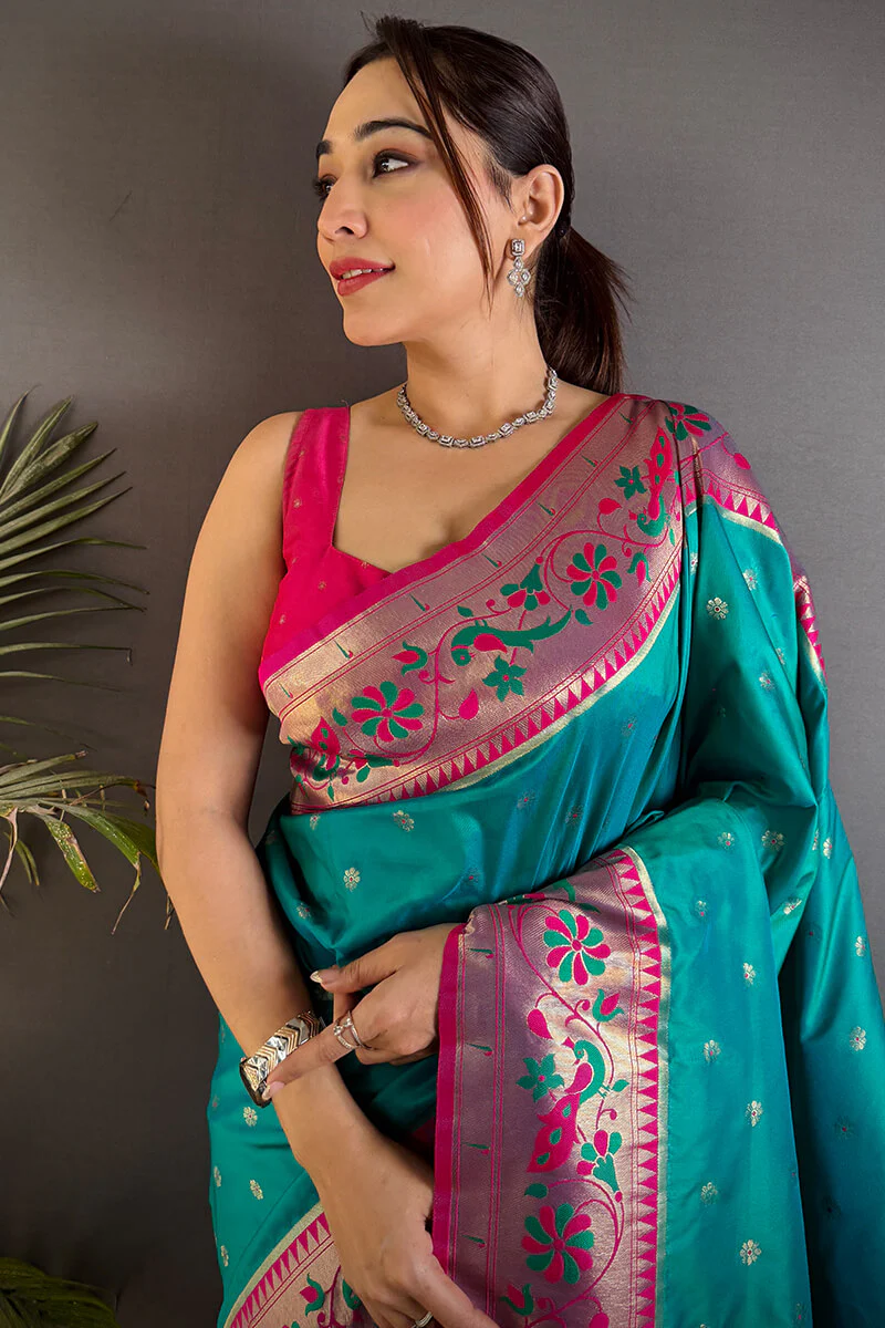 Fantabulous Firozi Paithani Silk Saree With Artistic Blouse Piece - Image 2