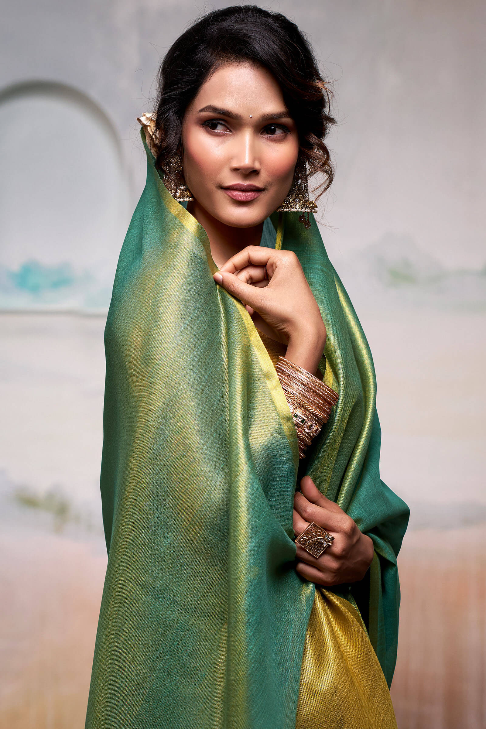 Fantabulous Green Soft Banarasi Tissue Silk Saree With Skinny Blouse Piece - Image 4