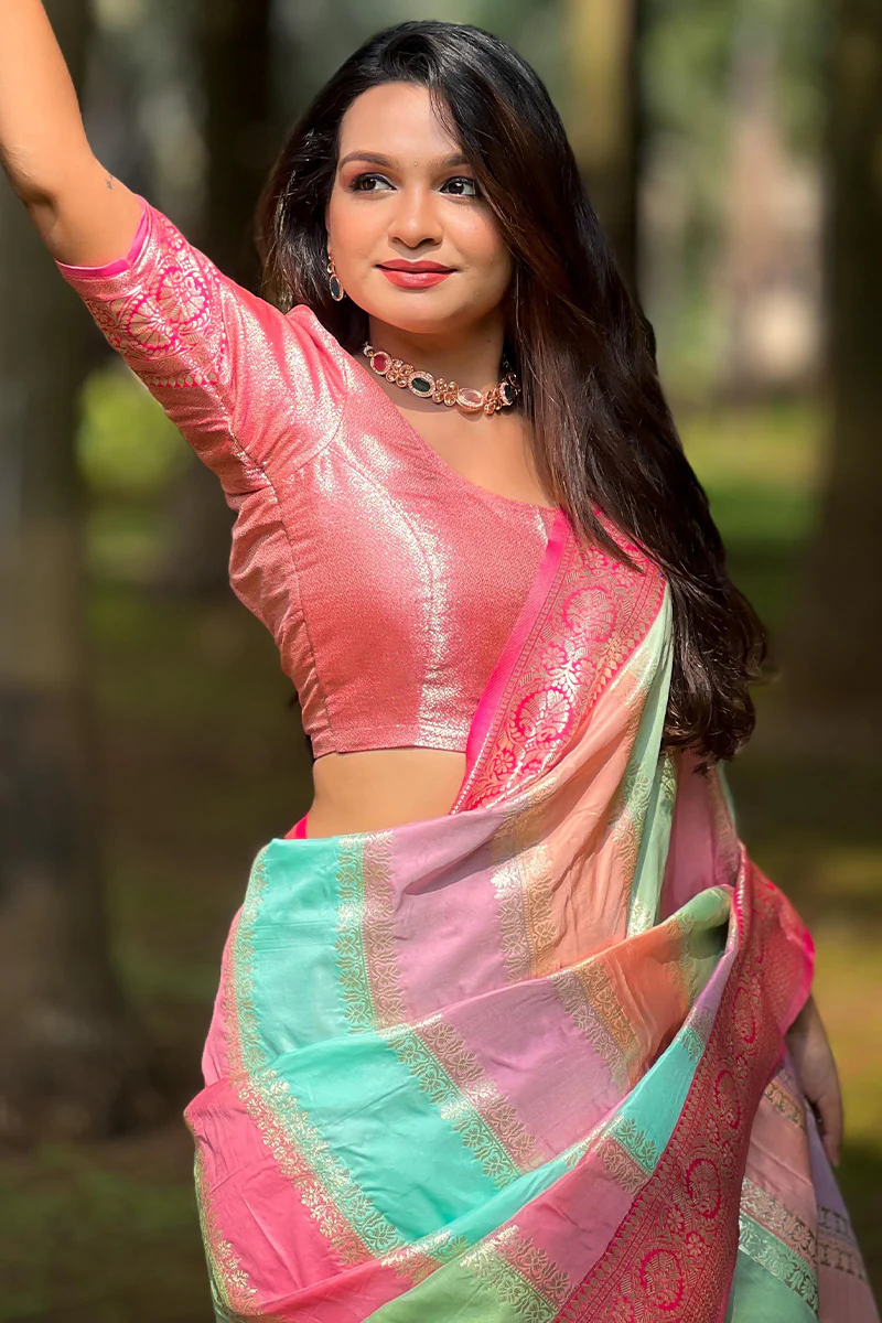 Fantabulous Multicolor Soft Banarasi Silk Saree With Sumptuous Blouse Piece - Image 3