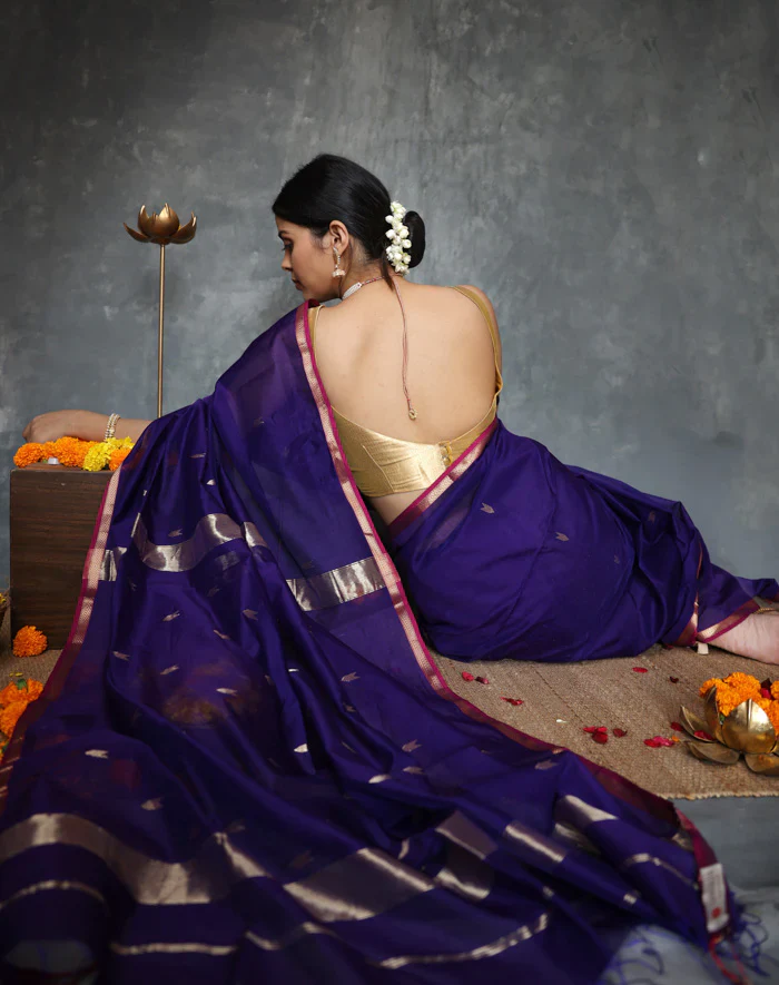 Fantabulous Navy Blue Cotton Silk Saree With Embellished Blouse Piece - Image 4