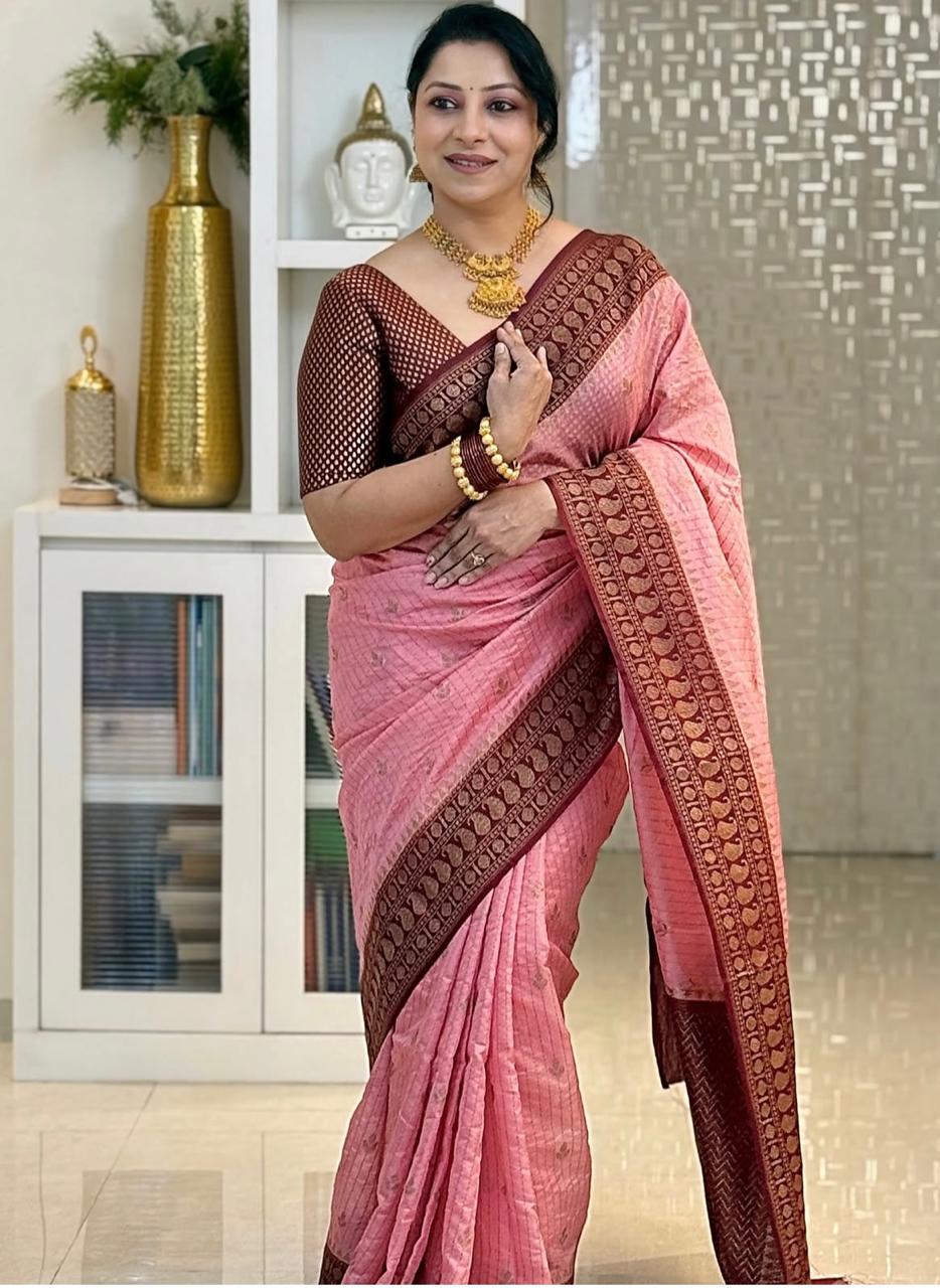 Fantabulous Pink Soft Silk Saree With Attractive Blouse Piece - Image 4