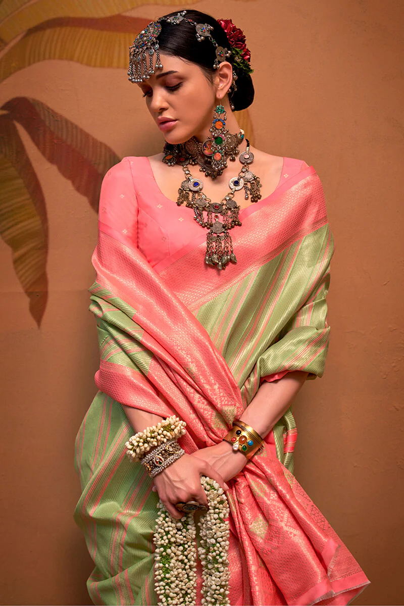 Fantabulous Pista Soft Banarasi Silk Saree With Nemesis Blouse Piece - Image 2