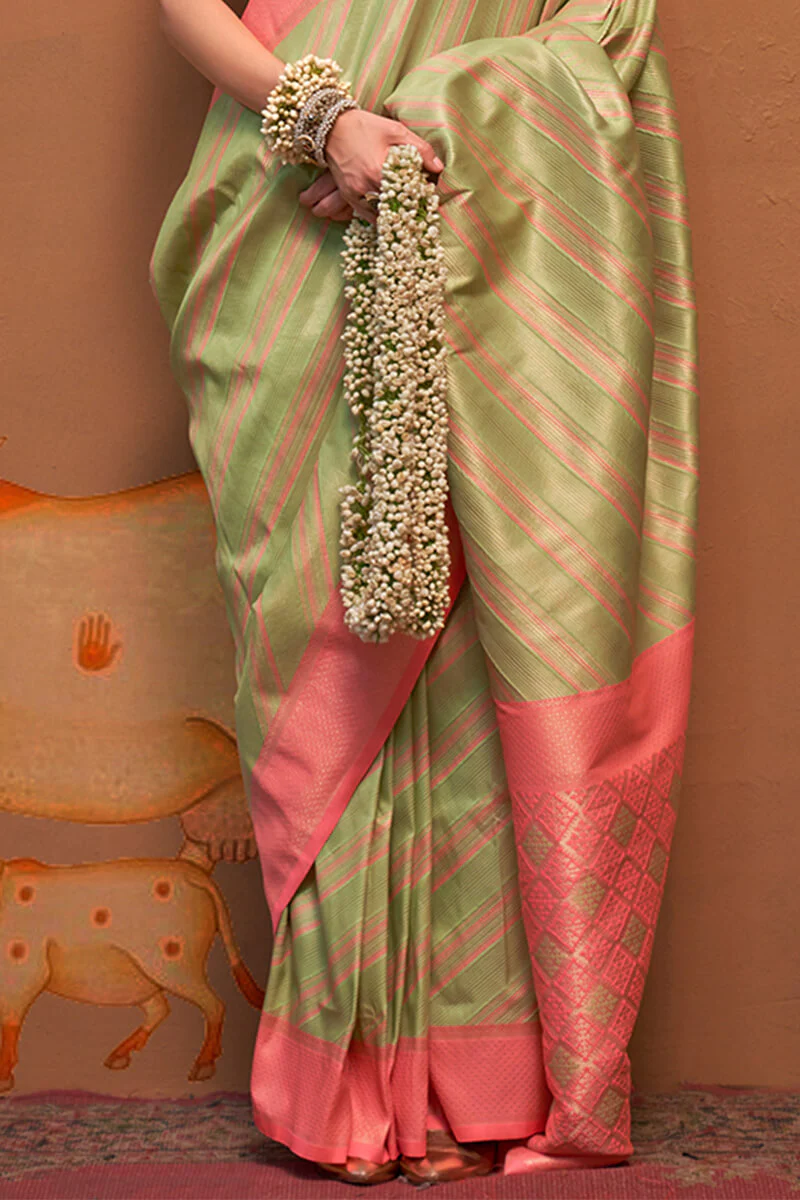 Fantabulous Pista Soft Banarasi Silk Saree With Nemesis Blouse Piece - Image 4