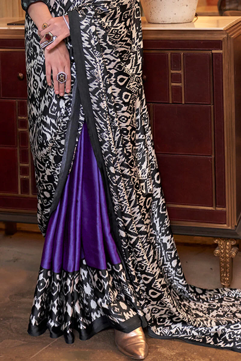 Fantabulous Purple Digital Printed Satin Silk Saree With Splendiferous Blouse Piece - Image 3