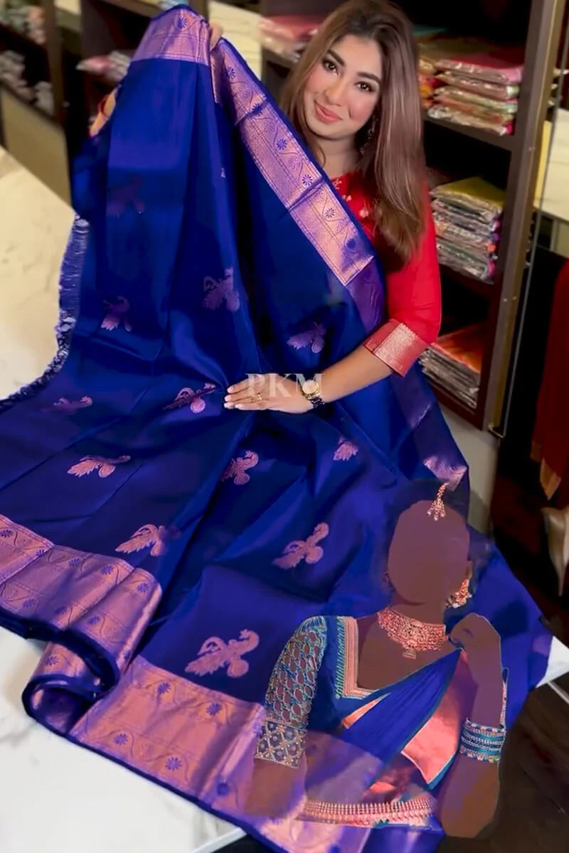 Fantabulous Royal Blue Soft Banarasi Silk Saree With Inimitable Blouse Piece - Image 5