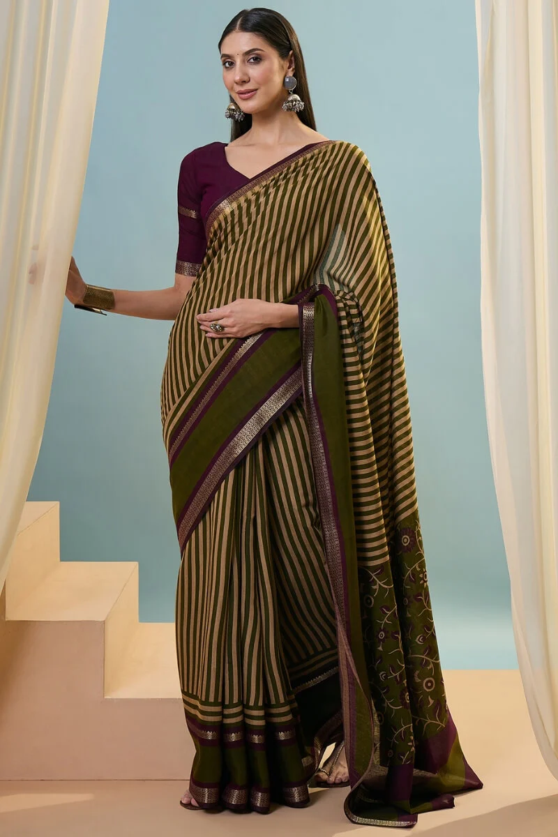 Felicitous Green Printed Cotton Silk Saree With Eye-catching Blouse Piece - Image 5