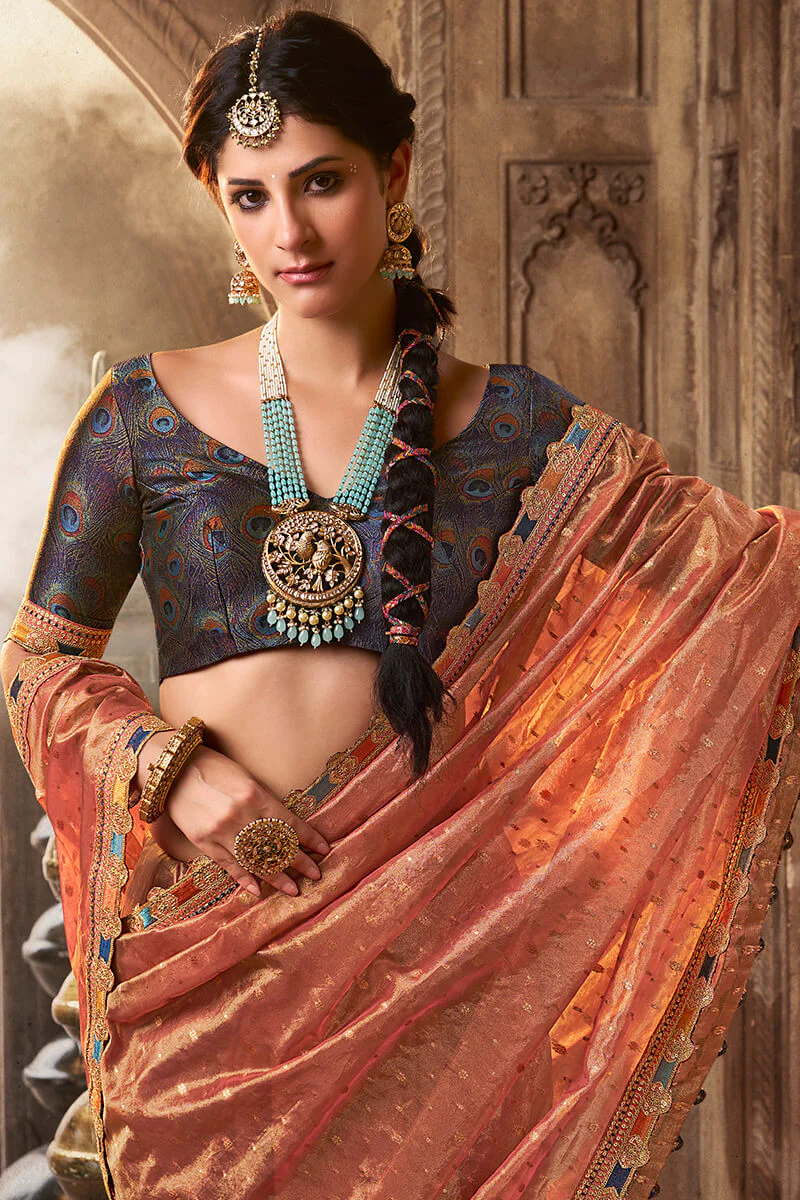 Felicitous Peach Pure Tissue Banarasi Silk Saree With Desiring Blouse Piece - Image 2
