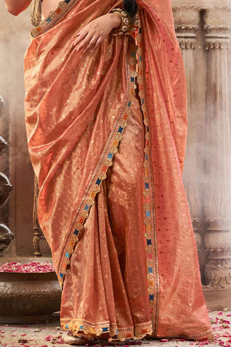 Felicitous Peach Pure Tissue Banarasi Silk Saree With Desiring Blouse Piece - Image 3