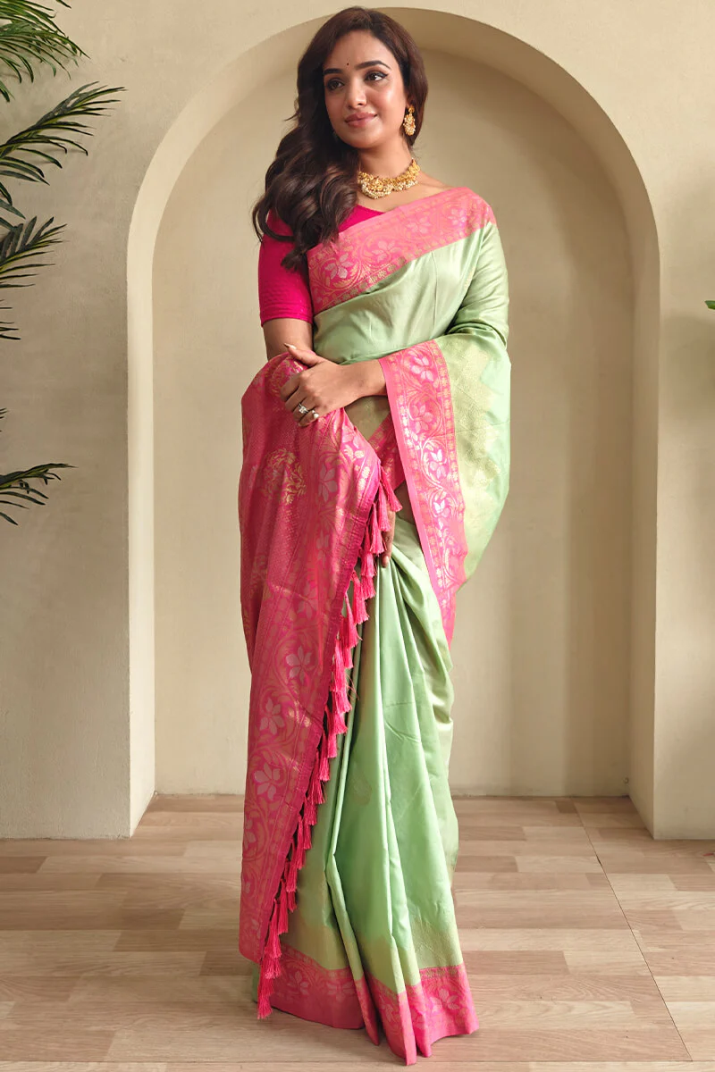 Felicitous Pista Soft Banarasi Silk Saree With Tempting Blouse Piece - Image 2