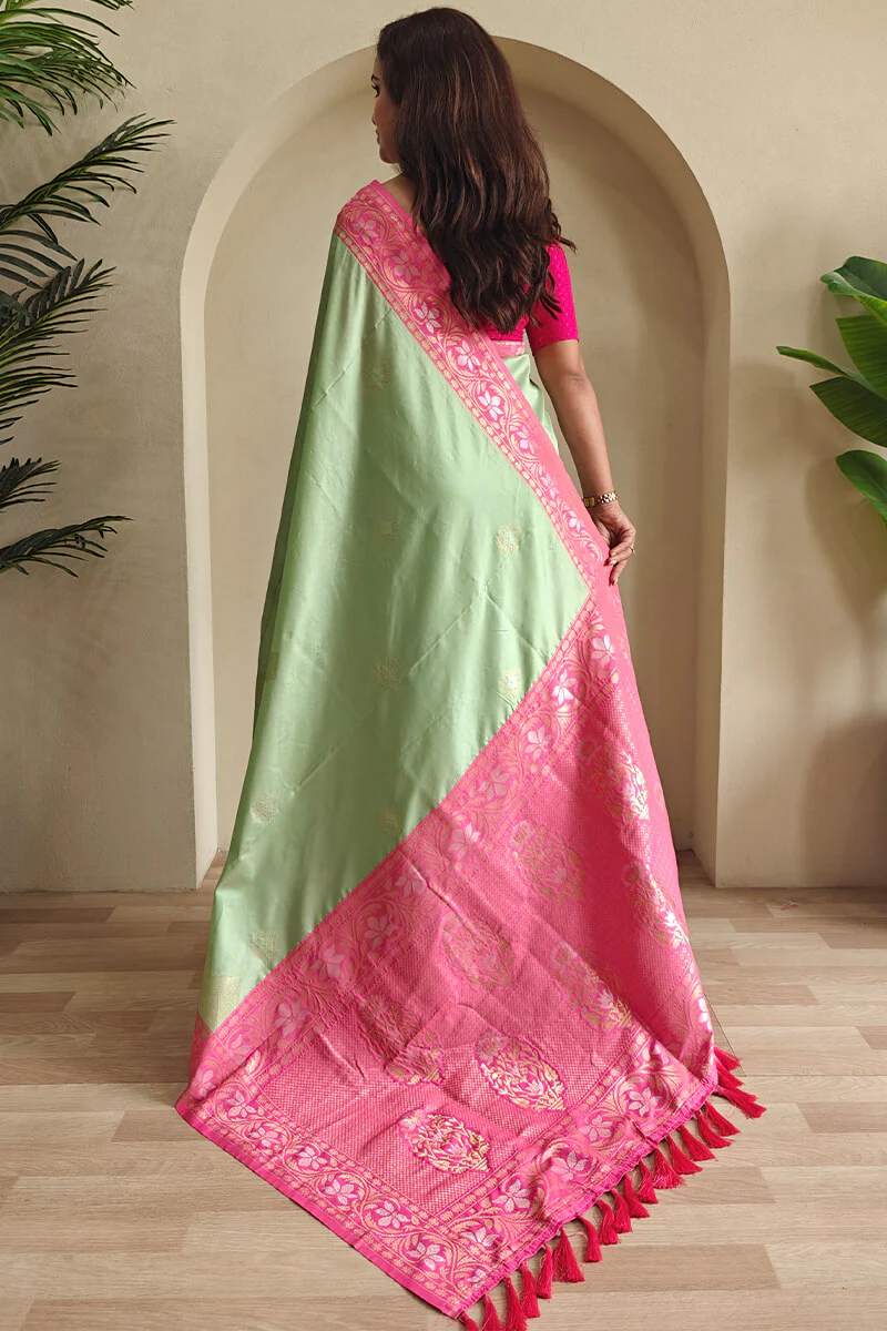 Felicitous Pista Soft Banarasi Silk Saree With Tempting Blouse Piece - Image 3