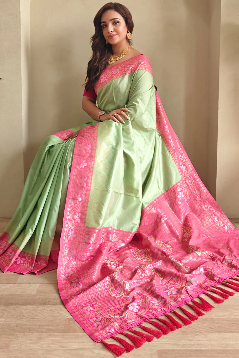 Felicitous Pista Soft Banarasi Silk Saree With Tempting Blouse Piece - Image 4