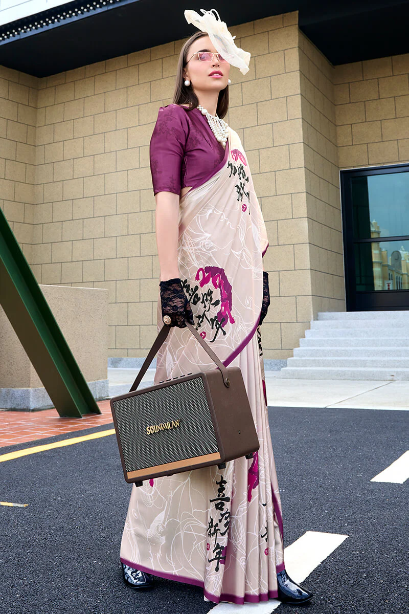 Flamboyant Beige Digital Printed Satin Silk Saree With Inspiring Blouse Piece - Image 3